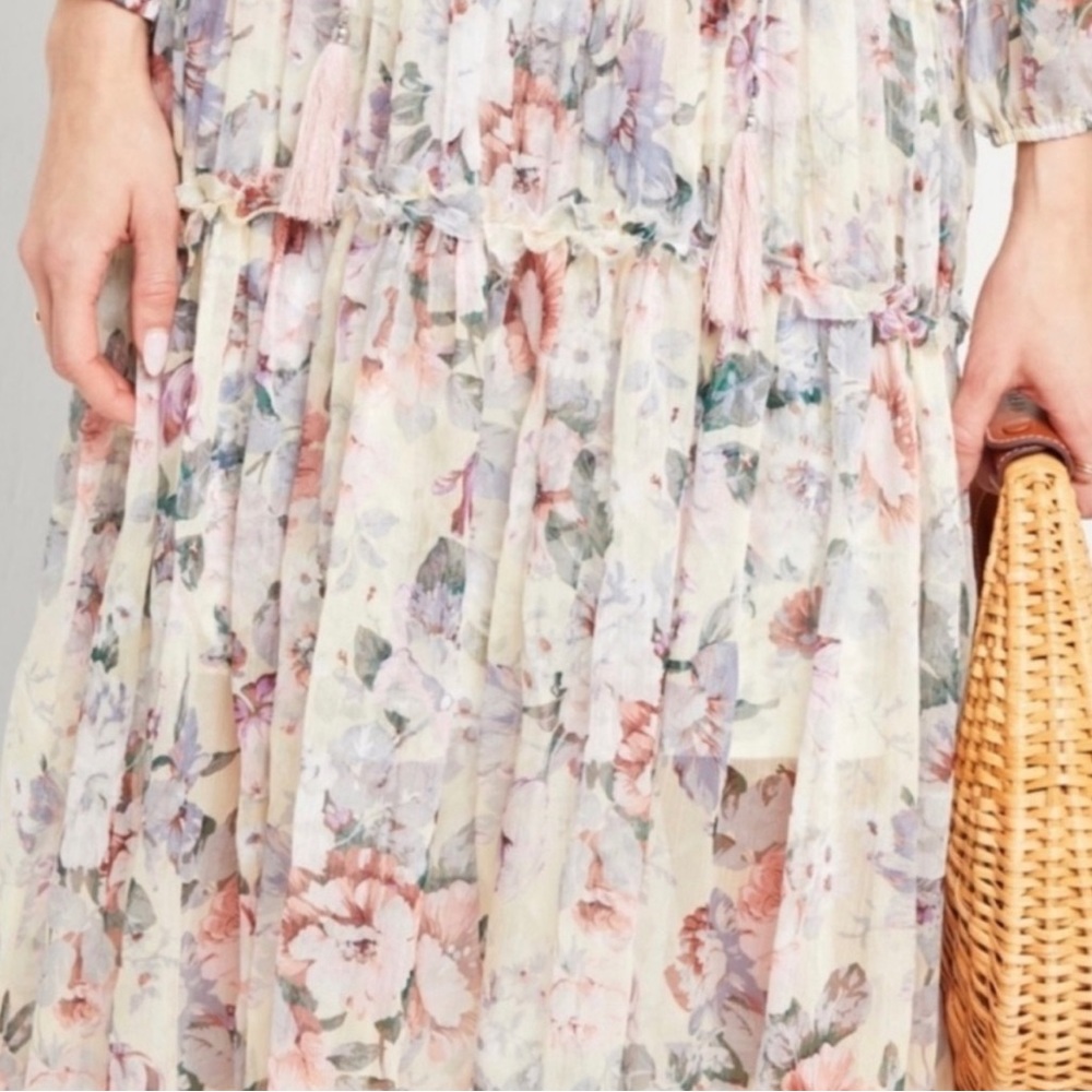 O.P.T. OPT Cream Pink & Purple Ruffle Floral Chiffon Felicity Midi Dress
